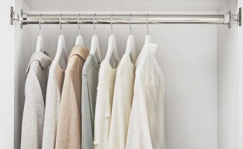 A variety of shirts and tops hanging on a clothing rack