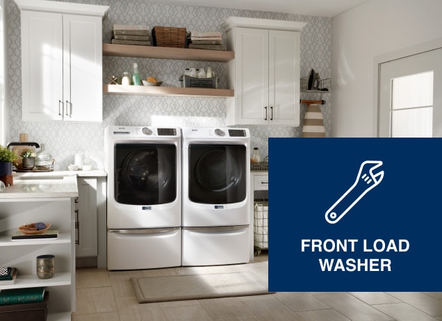 Front load washer pair in a laundry pair.