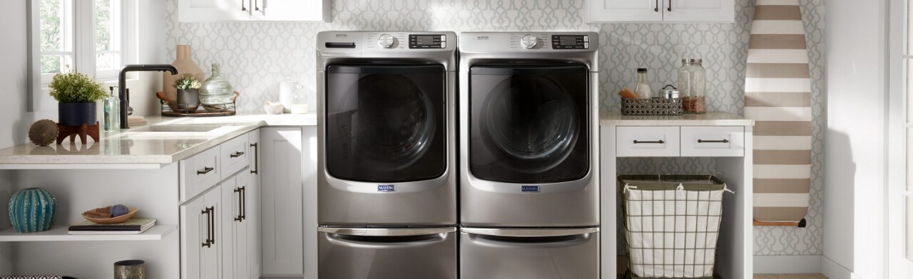Maytag® laundry pair in a white laundry room Maytag® laundry pair in a white laundry room