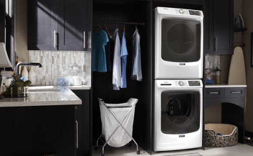 A white Maytag® washer and dryer set, stacked