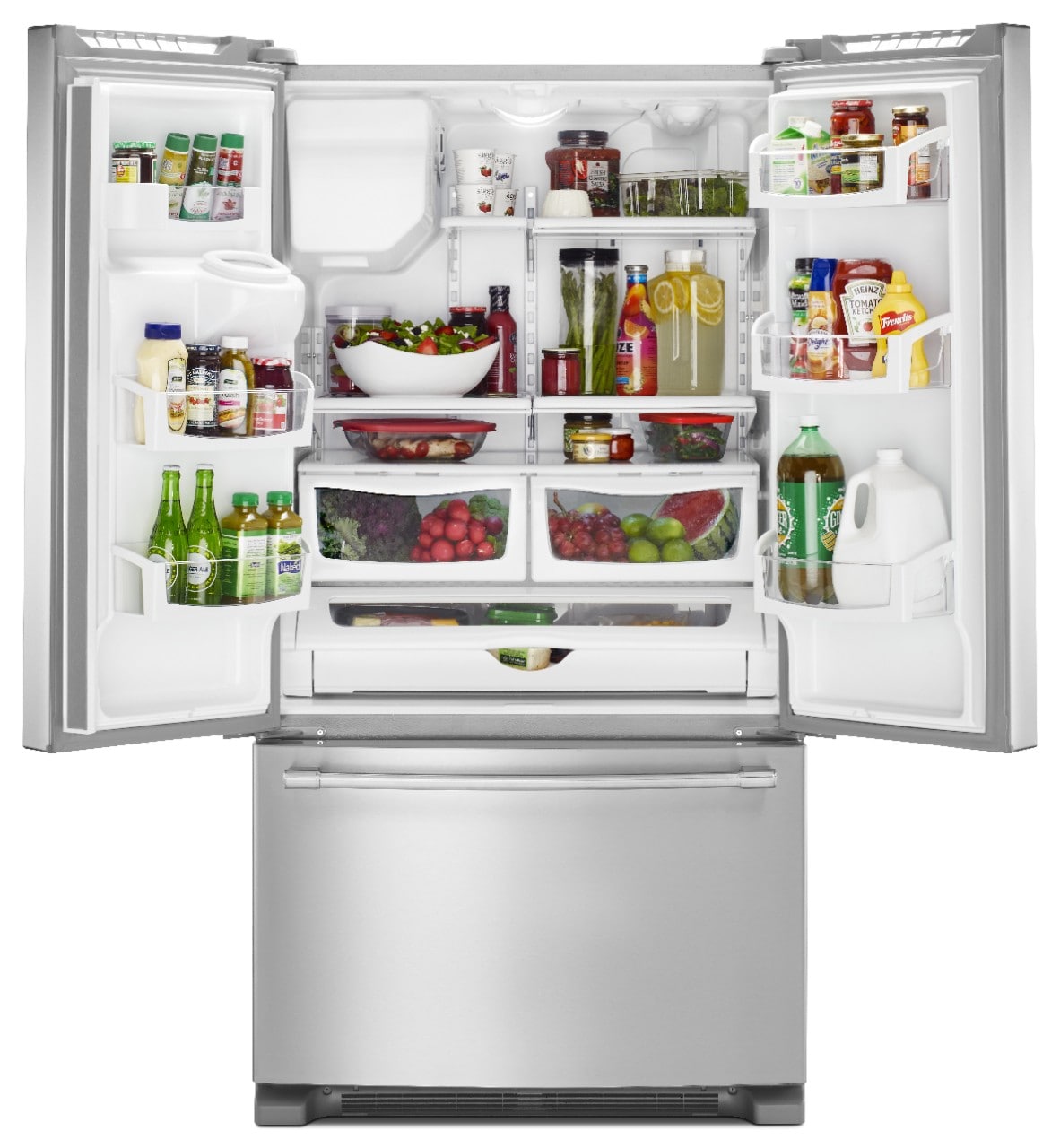 French-door refrigerator with doors open and stocked with food.