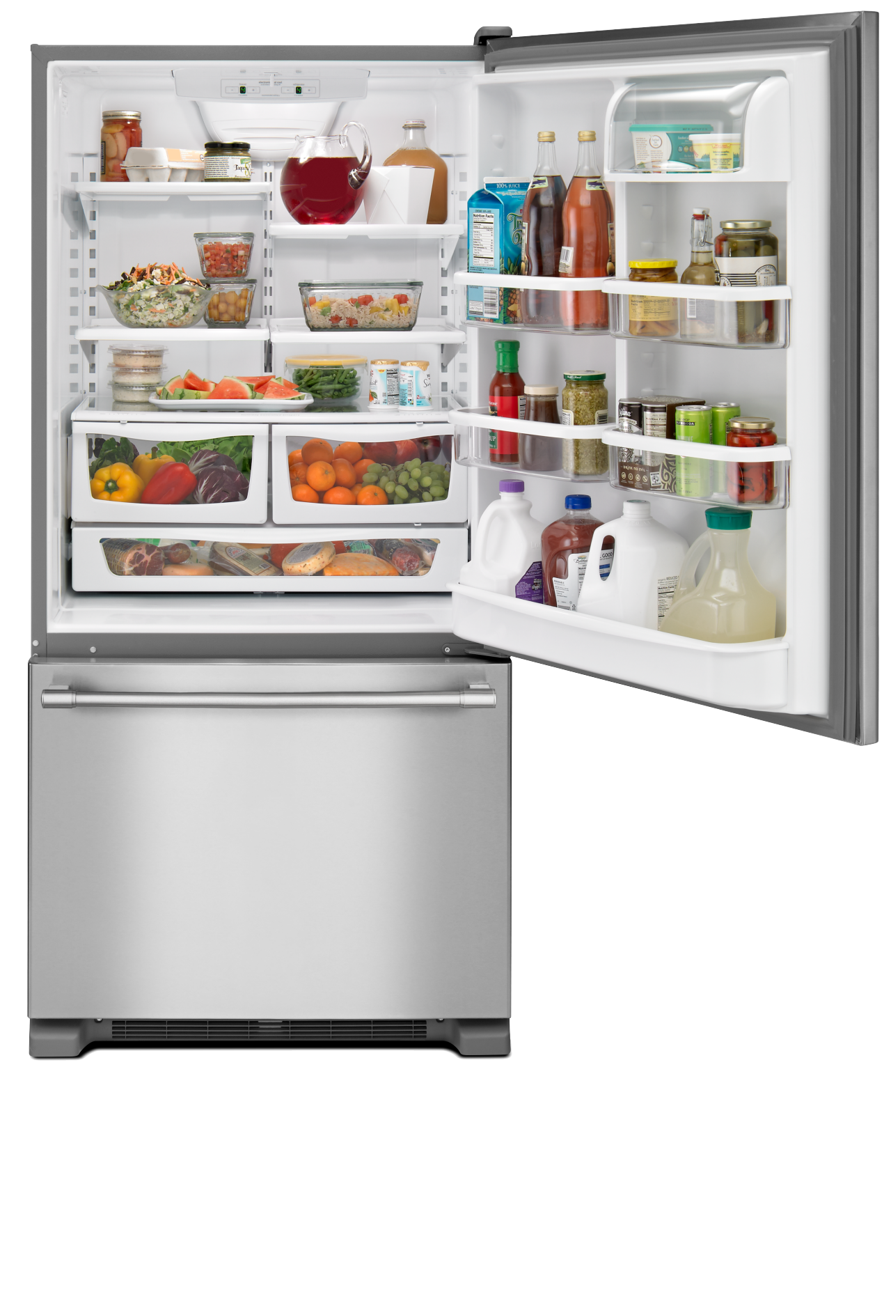 Bottom-freezer refrigerator stocked with food