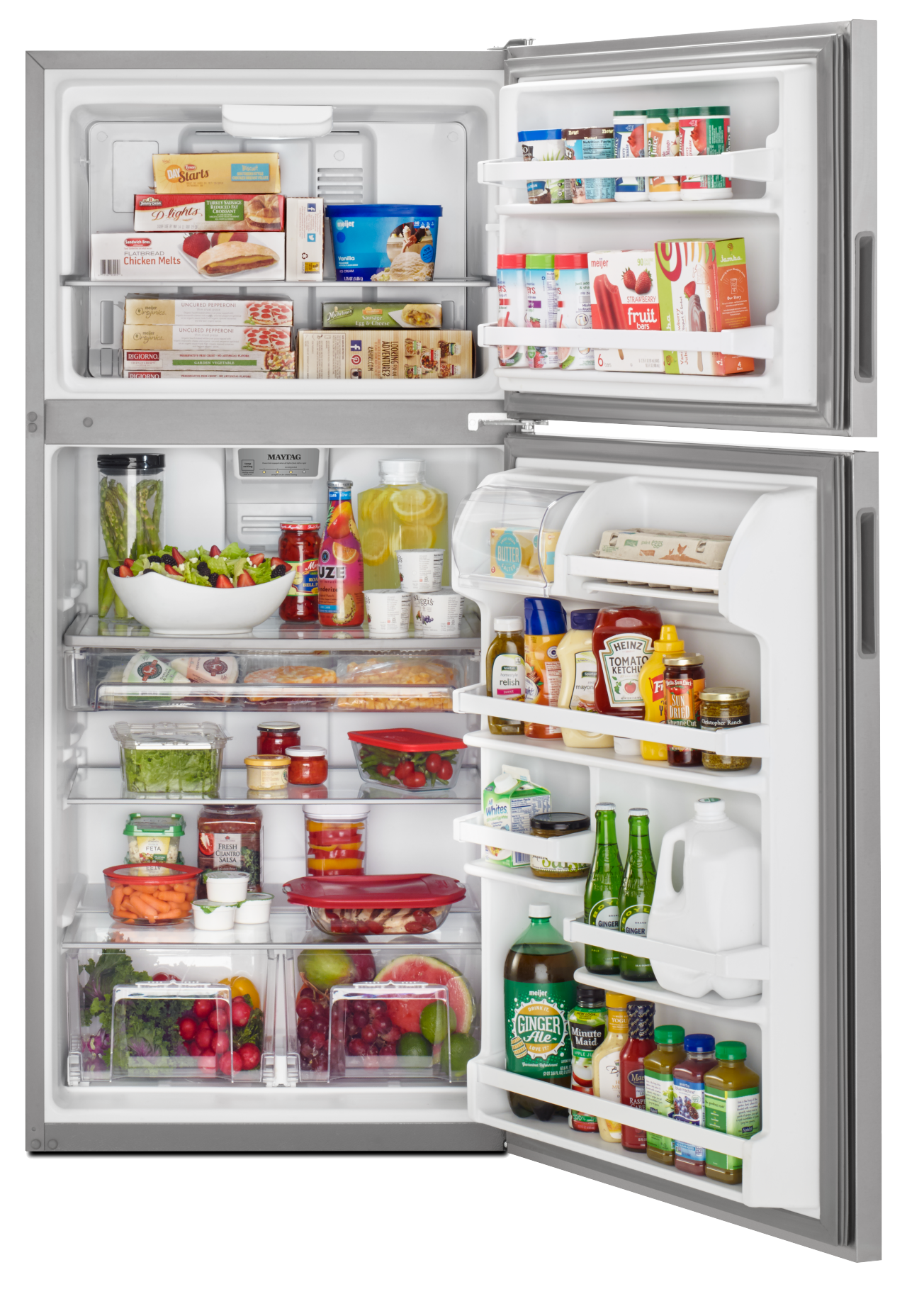 Top-freezer refrigerator stocked with food