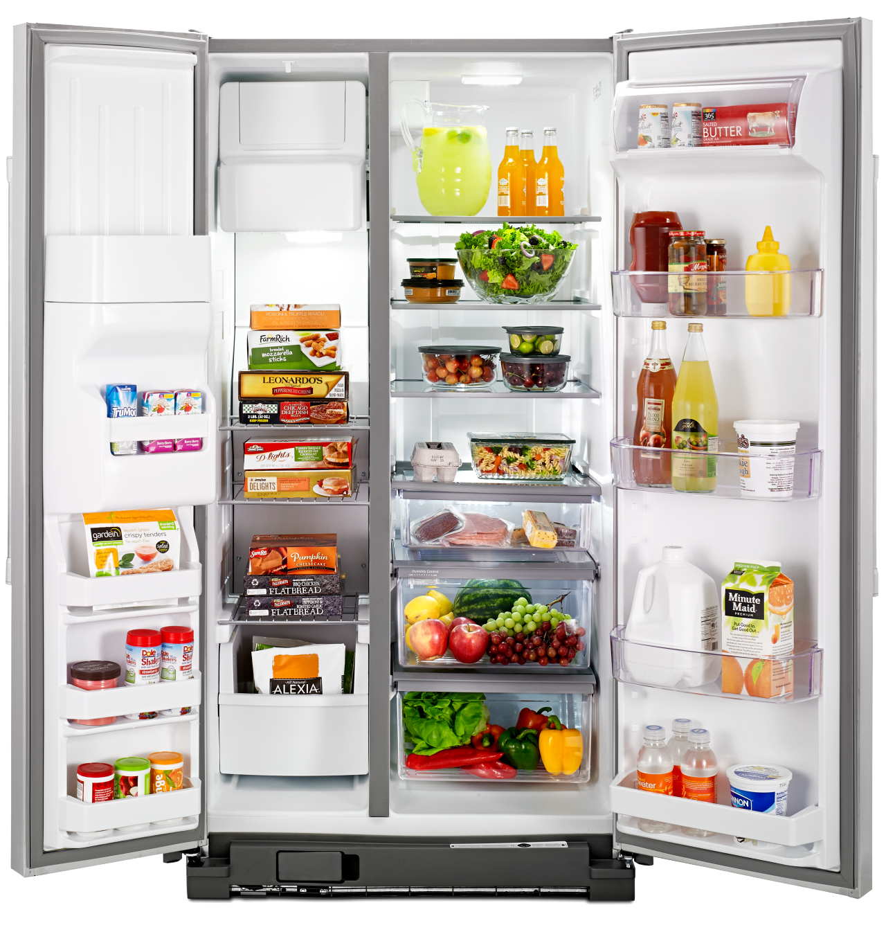 Side-by-side refrigerator stocked with food