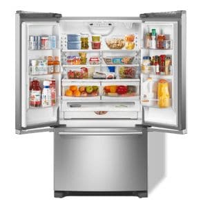 A Maytag® french door refrigerator in stainless steel.