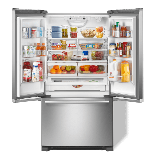 A Maytag® french door refrigerator in stainless steel.