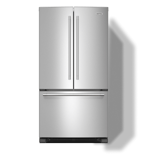 A Maytag® french door refrigerator in stainless steel.