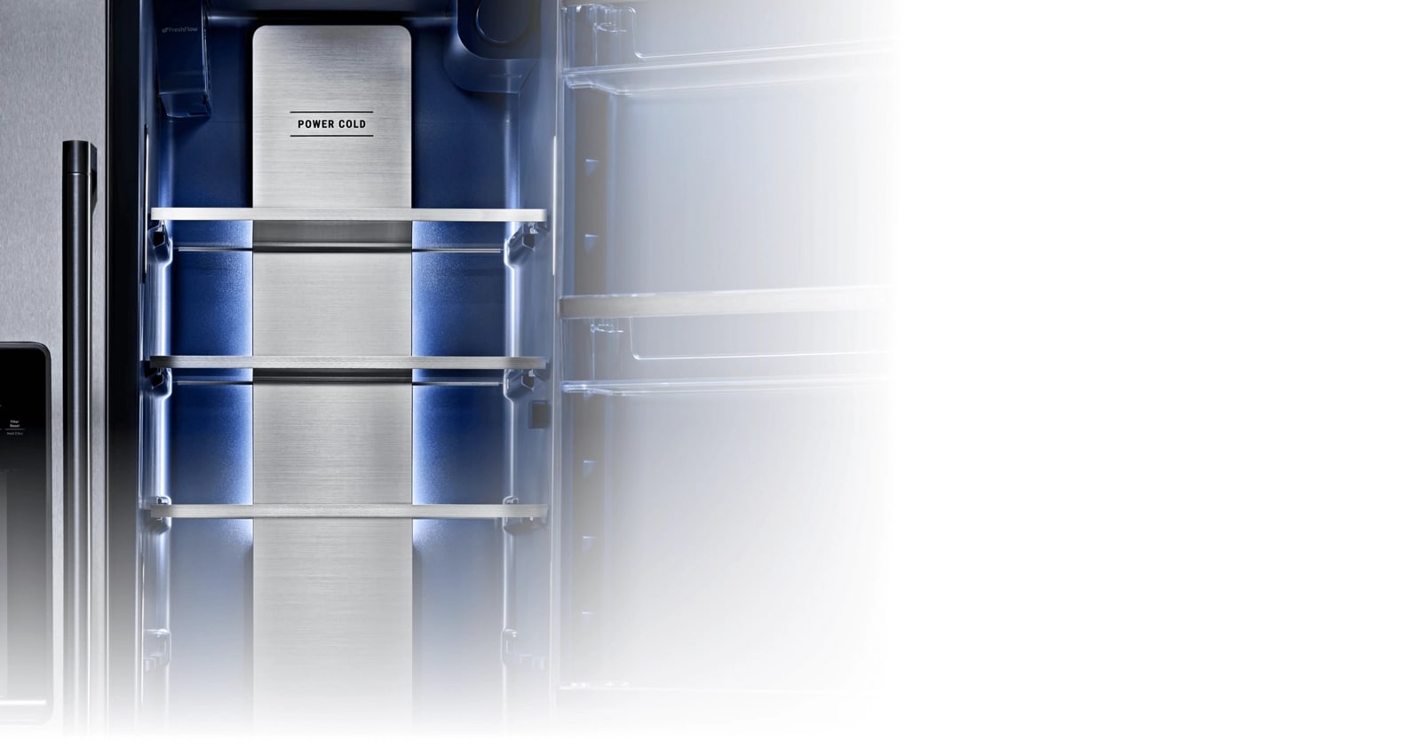 A blue Maytag® refrigerator interior.