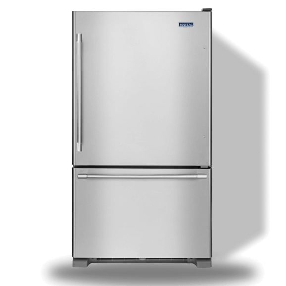 A Maytag bottom freezer fridge in stainless steel.