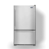 A Maytag bottom freezer fridge in stainless steel.