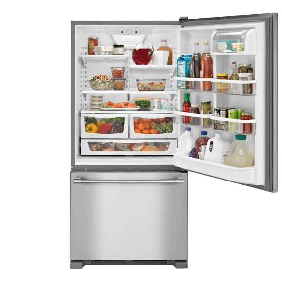 A Maytag bottom freezer fridge in stainless steel.