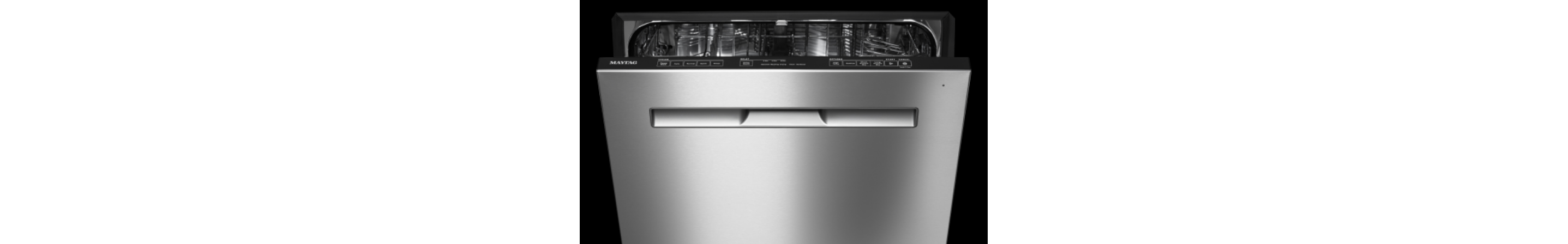 A Maytag® dishwasher with the door slightly open