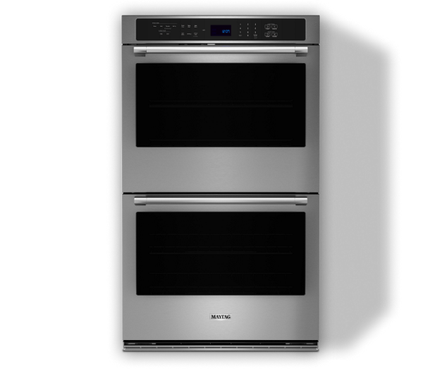 A Maytag® double wall oven in stainless steel.