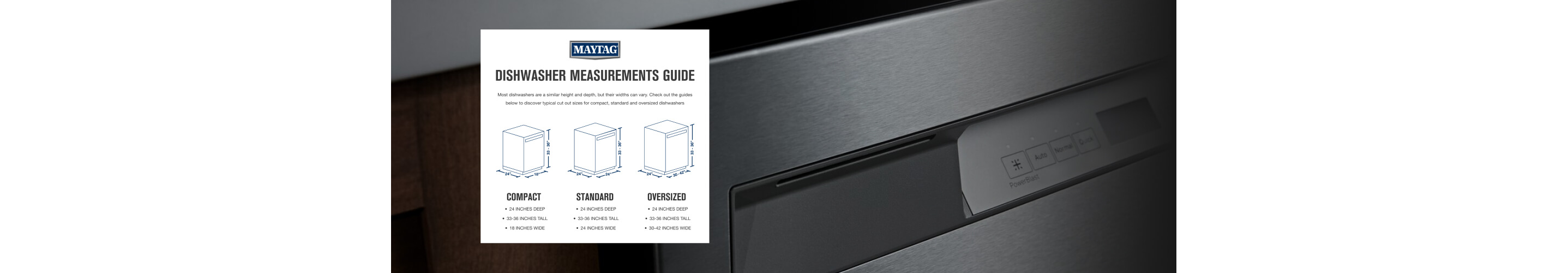 A printed dishwasher size guide superimposed over an image of a dishwasher
