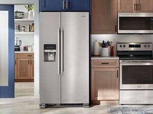 Maytag® side-by-side refrigerator, electric range and over-the-range microwave