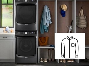 Maytag® front load stackable washer and dryer in a modern laundry room