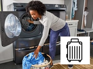 Person putting clothes in Maytag@ front load washing machine
