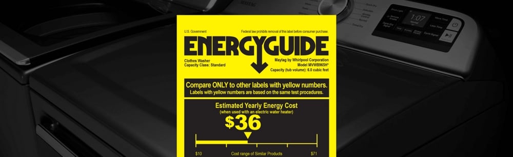 An Energy Guide Label with a washer in the background.