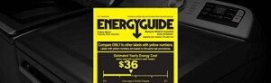 An Energy Guide Label with a washer in the background. 