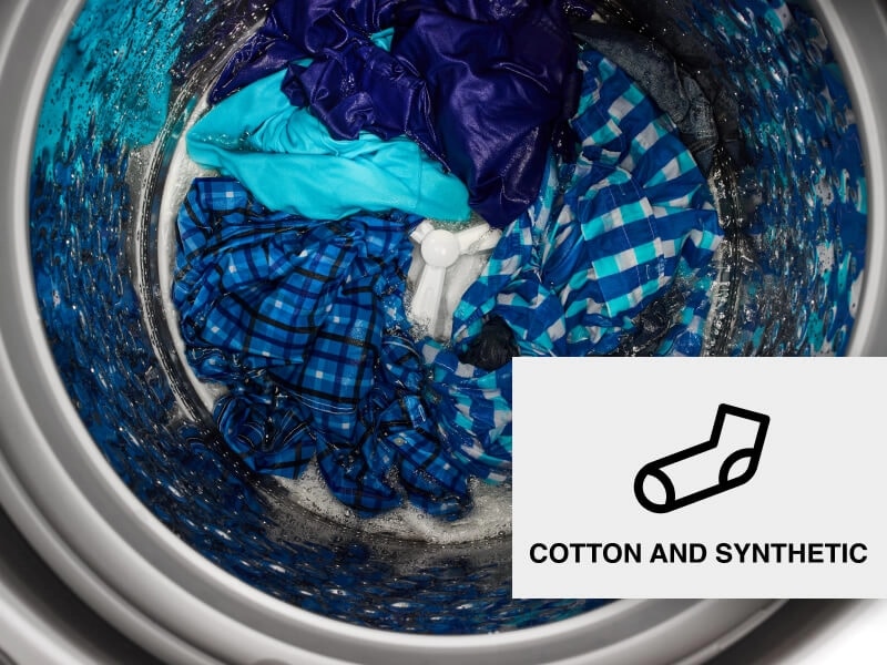 Blue garments in a washing machine drum
