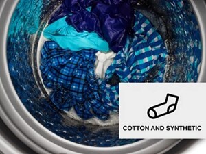 Blue garments in a washing machine drum