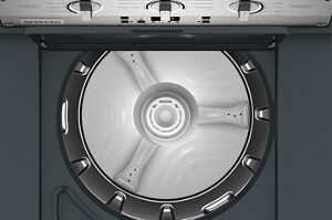 Maytag® top-load washer with open lid showing wash basket and control panel