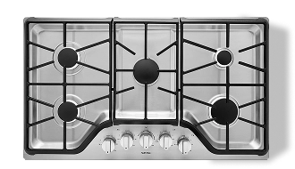 A stainless steel gas cooktop.