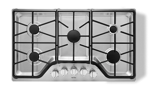 A stainless steel gas cooktop.