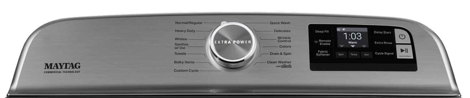 Close up picture of top load washer console with Extra Power