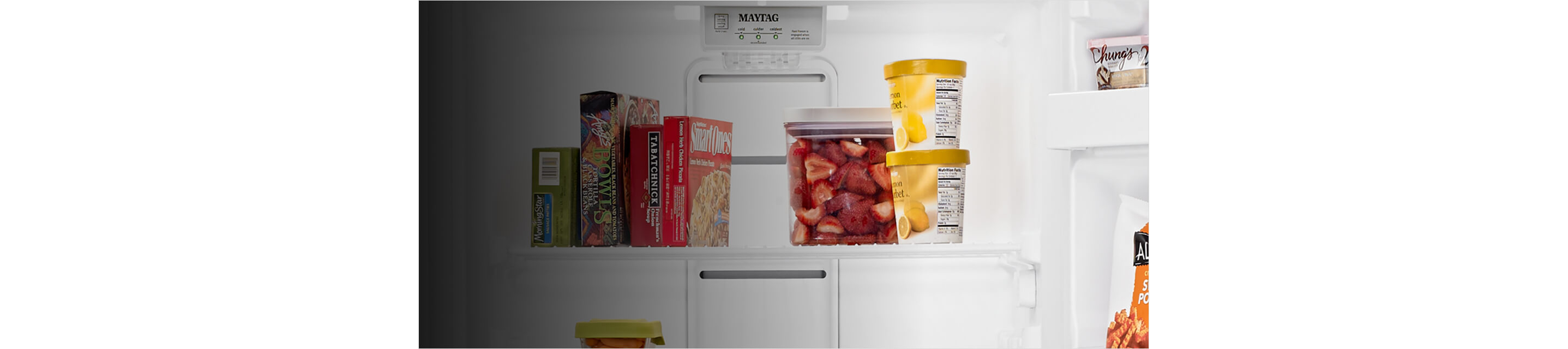 A closeup of the FastFreeze option on a Maytag® freezer.