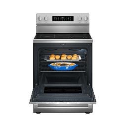 An electric, stainless steel Maytag® range.