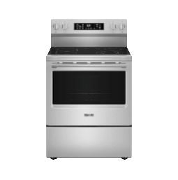 An electric, stainless steel Maytag® range.