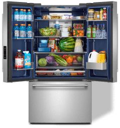 A Maytag® french door refrigerator in stainless steel.