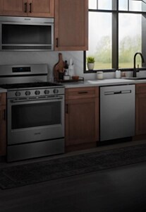 A full suite of stainless steel Maytag® kitchen appliances.