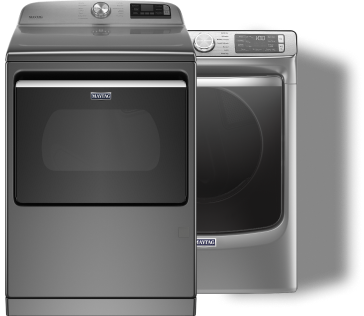 A Maytag® top load and front load clothes dryer in metallic slate.