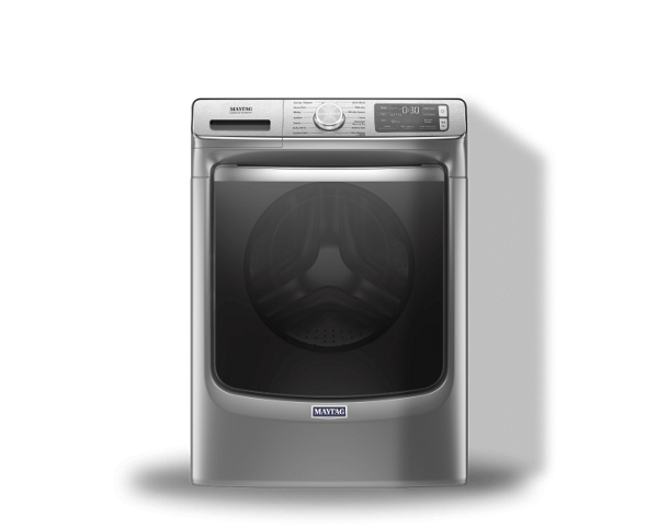 A Maytag® top load and front load washing machine in metallic slate.