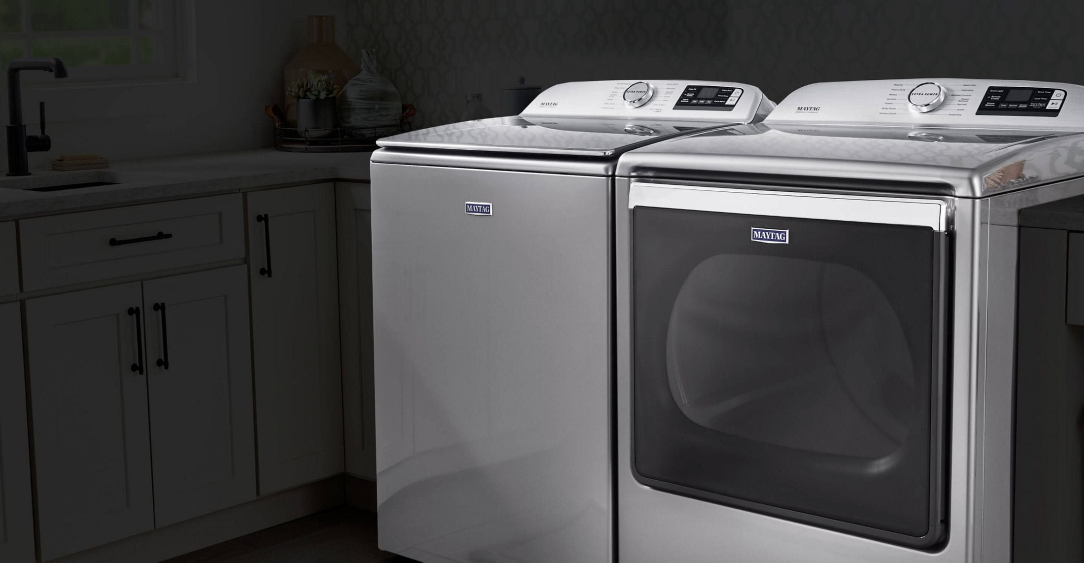 Maytag washer and dryer pair in metallic slate.