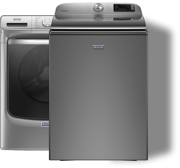 A Maytag® top load and front load washing machine in metallic slate.