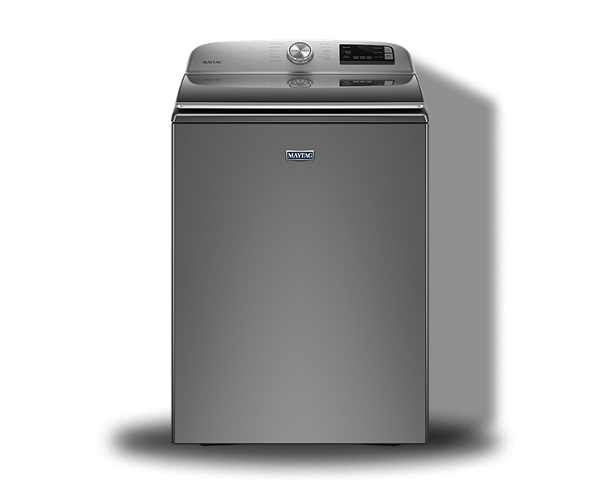 A Maytag® top load and front load washing machine in metallic slate.