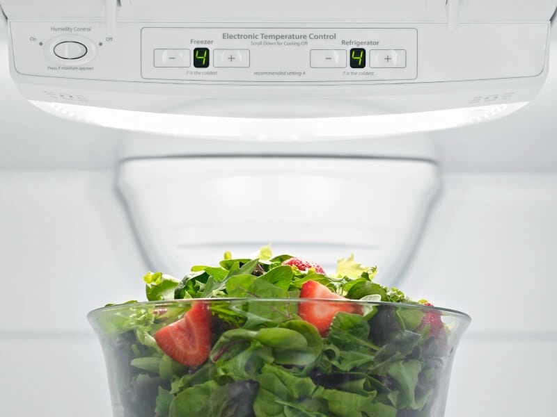 Bowl of salad below temperature controls inside a refrigerator
