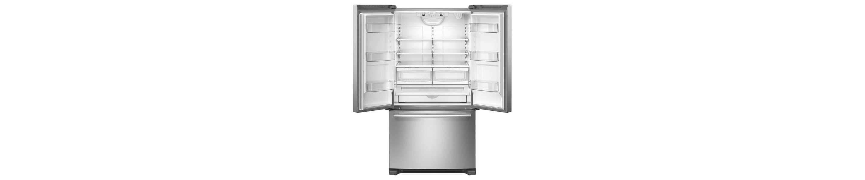 Open and empty French door refrigerator
