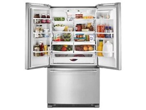 Open French door refrigerator filled with groceries