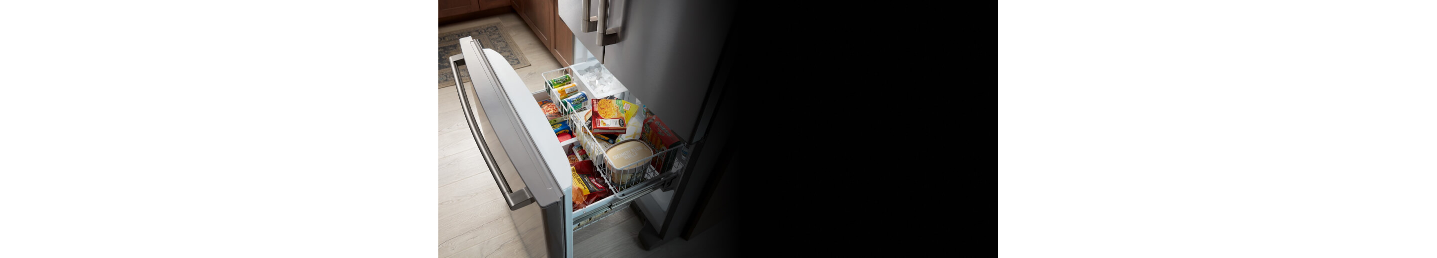 Open freezer drawer on a French door refrigerator