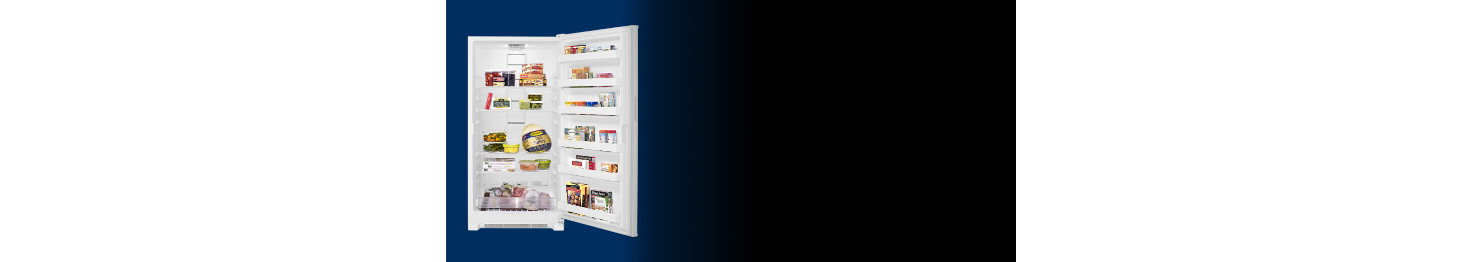 Maytag® upright freezer filled with food