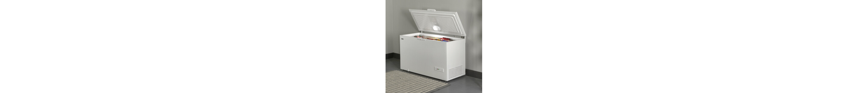 An opened chest freezer in a garage