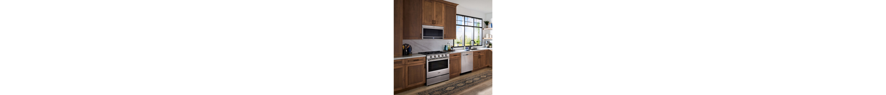 A modern kitchen with brown cabinetry