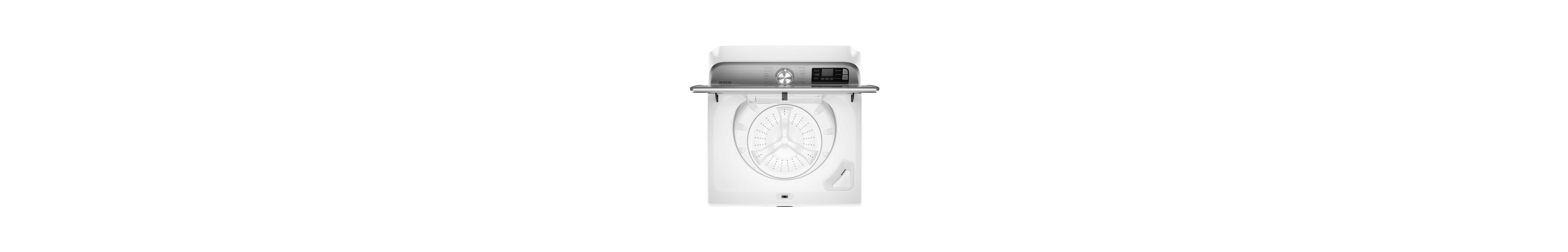 Overhead view of an open Maytag® washing machine with impeller