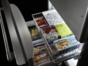 A well stocked bottom freezer refrigerator