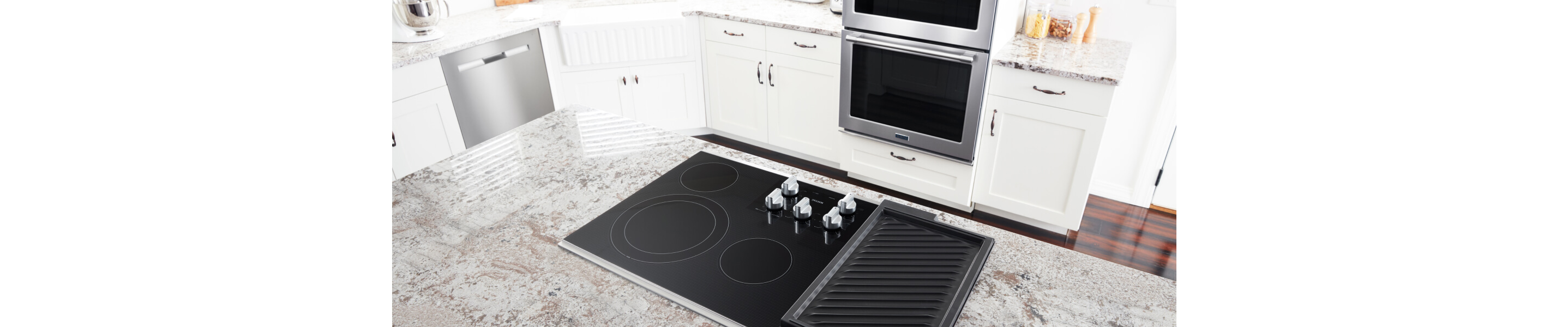 Overhead view of stainless steel appliances in a kitchen