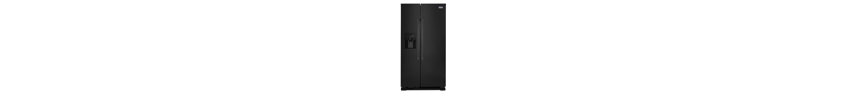 Black Maytag® side-by-side refrigerator with exterior ice and water dispenser